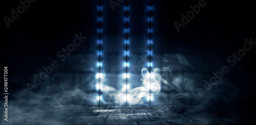 Illumination of an empty brick wall, neon light, smoke. The night scene of an empty room is decorated with abstract light. Night smoke.