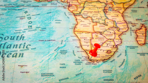 Red pin on map of South Africa, capital city Cape town