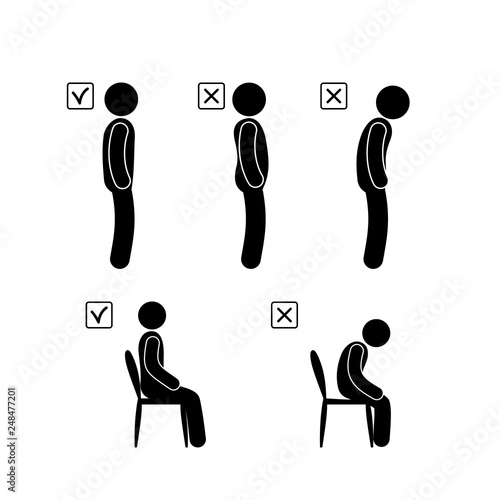 curvature of posture illustration, correct and incorrect position of the spine, a person is standing, sitting, pictogram stick figure people Icon