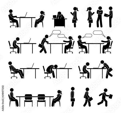 stick figure people in office, business icons, pictogram silhouettes set, boss and worker, computer work