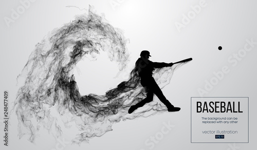 Abstract silhouette of a baseball player batter on white background from particles, dust, smoke. Baseball player batter hits the ball . Background can be changed to any other. Vector illustration
