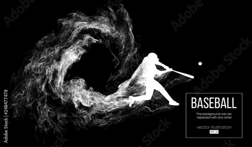 Abstract silhouette of a baseball player batter on dart black background from particles, dust, smoke. Baseball player batter hits the ball . Background can be changed to any other. Vector illustration