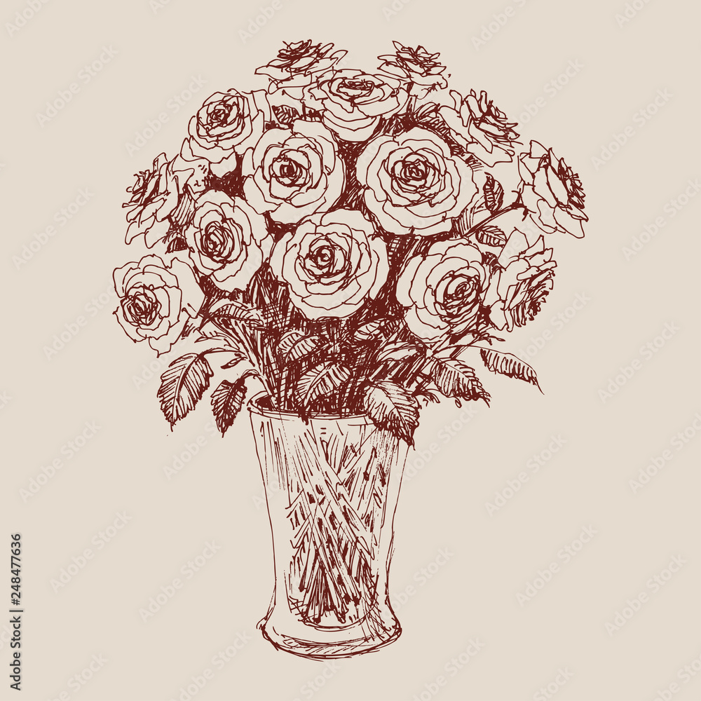 A bunch of roses in flower vase hand drawing Vector Image-saigonsouth.com.vn