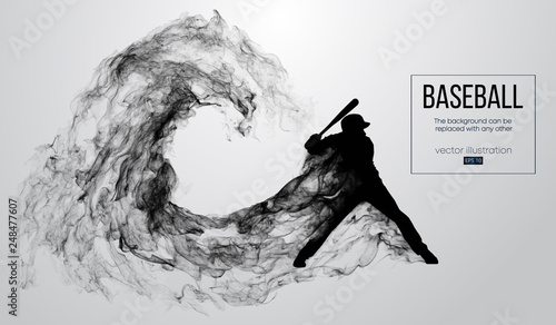 Abstract silhouette of a baseball player batter on white background from particles, dust, smoke. Baseball player batter hits the ball . Background can be changed to any other. Vector illustration