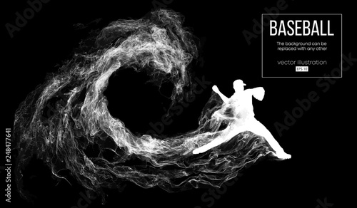 Abstract silhouette of a baseball player pitcher on dart black background from particles, smoke. Baseball player pitcher throws the ball . Background can be changed to any other. Vector illustration