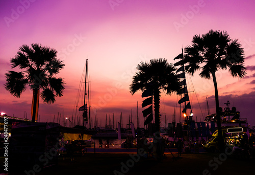 Beautiful view of marina and harbor with yachts and motorboats. Sunset at the ocean.