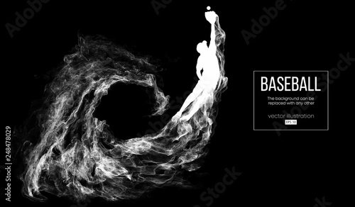 Abstract silhouette of a baseball player pitcher on dart black background from particles, smoke. Baseball player pitcher throws the ball . Background can be changed to any other. Vector illustration