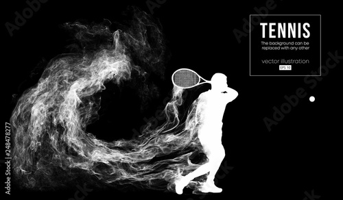Abstract silhouette of a tennis player man male isolated on dark black background from particles dust, smoke. Tennis player hits the ball. Background can be changed to any other. Vector illustration