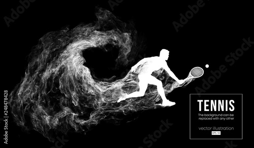 Abstract silhouette of a tennis player man male isolated on dark black background from particles dust, smoke. Tennis player hits the ball. Background can be changed to any other. Vector illustration