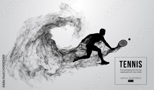 Abstract silhouette of a tennis player man male isolated on white background from particles dust, smoke, steam. Tennis player hits the ball. Background can be changed to any other. Vector illustration