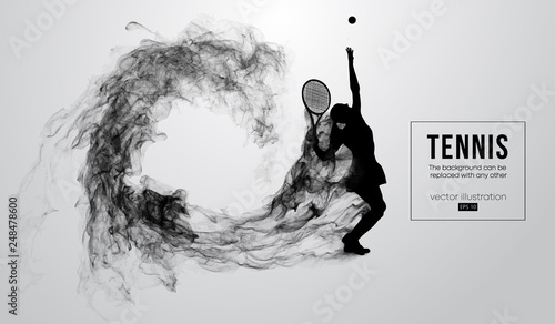 Abstract silhouette of a tennis player woman female isolated on white background from particles dust, smoke. Tennis player hits the ball. Background can be changed to any other. Vector illustration