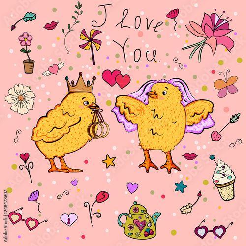 I love you. Wedding card with cute Chicks on a beautiful background. Design isolated elements. Vector illustrationrds. - Vector. Vector illustration.