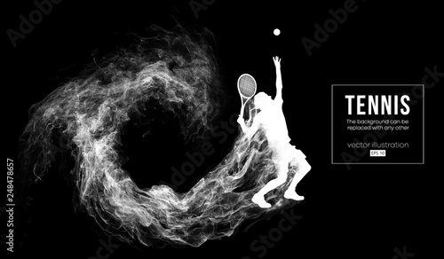 Abstract silhouette of a tennis player man male isolated on dark black background from particles dust, smoke. Tennis player hits the ball. Background can be changed to any other. Vector illustration