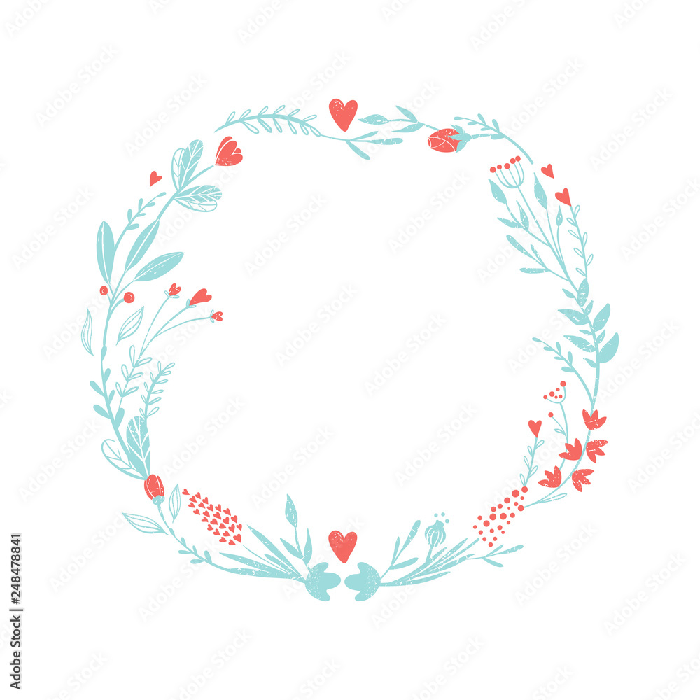 Wreath of flowers in pastel colors: pink and blue. Set of colors for the romantic design in rustic style. Flowers and hearts rame for love card