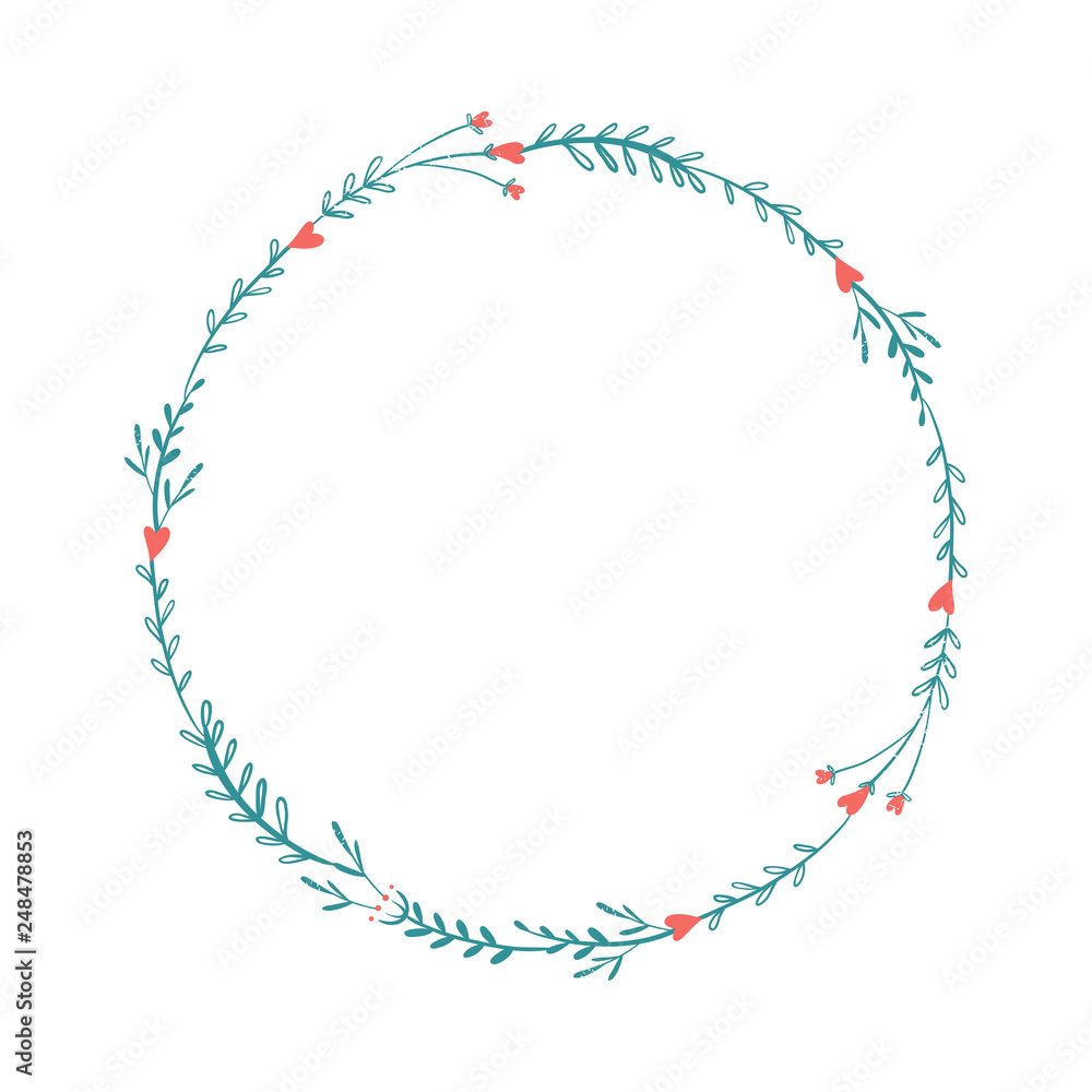 Naklejka premium Wreath of flowers in pastel colors: pink and blue. Set of colors for the romantic design in rustic style. Flowers and hearts rame for love card
