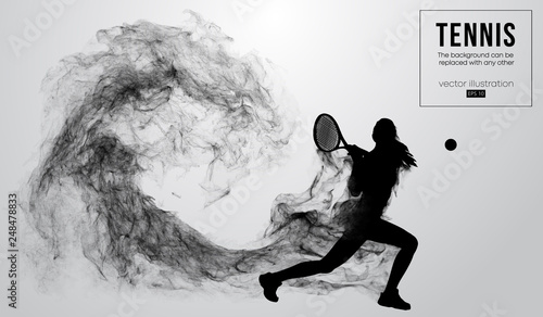 Abstract silhouette of a tennis player woman female isolated on white background from particles dust, smoke. Tennis player hits the ball. Background can be changed to any other. Vector illustration