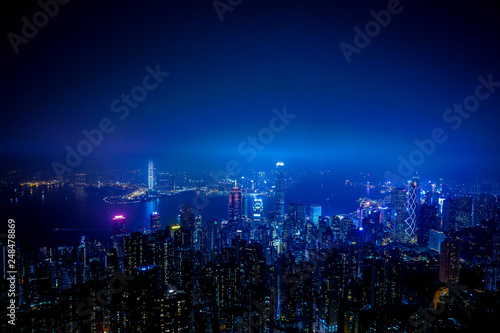 night city scape of Hongkong aerial view high and top view.