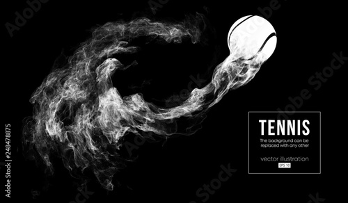 Abstract silhouette of a tennis ball isolated on dark, black background from particles dust, smoke, steam. Tennis ball is flys. Background can be changed to any other. Vector illustration
