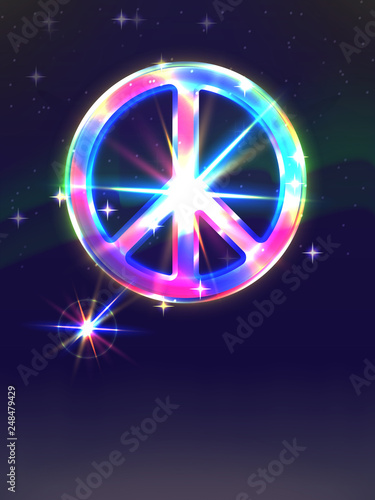 multicolored transparent symbol of peace (Pacific) in the glow and flashes of light. background starry sky