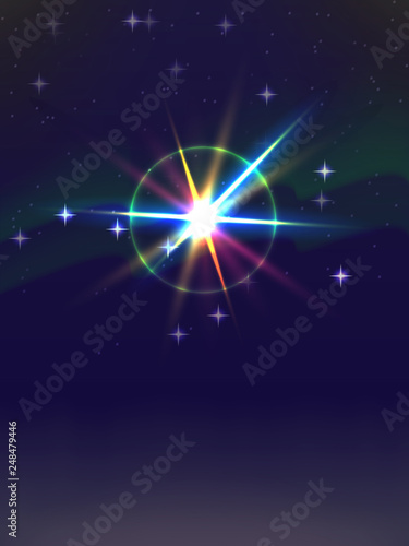 bright multicolored flash of light in the starry sky. perfect background for poster, ticket, flyer, website and fashion design