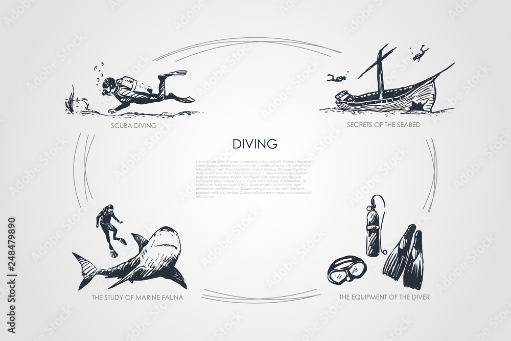 Diving - scuba diving, secrets of the seabed, the equipment of the diver, the study of marine fauna vector concept set Diving - scuba diving, secrets of the seabed, the equipment of the diver, the study of marine fauna vector concept set