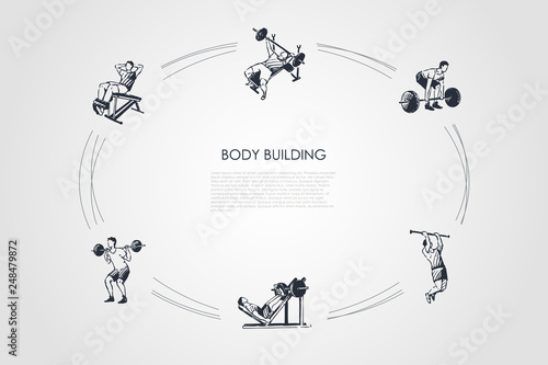 Body building - man making exercises with barbell in gym vector concept set