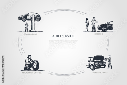 Auto service - ordering, scanning car, disassembly auto, replacement of wheel vector concept set