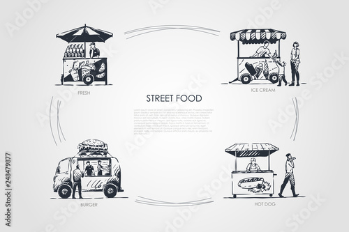 Street food - ice cream, hot dog, burger, fresh food vector concept set