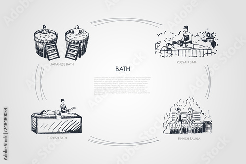 Bath - japanese bath, russian bath, finnish sauna, turkish bath vector concept set