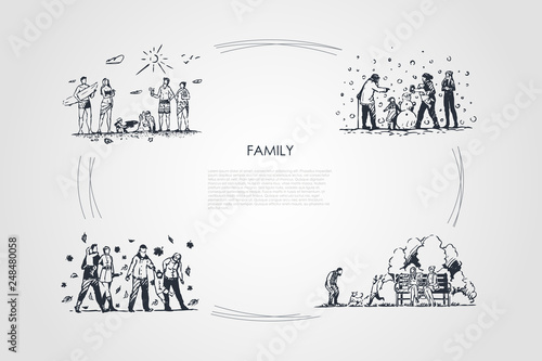 Family - family spending time together outdoors during all seasons of year vector concept set