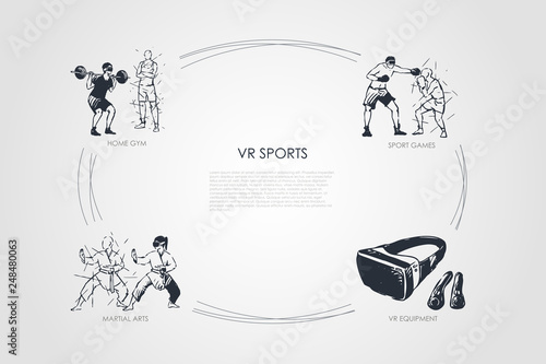 VR sports - home gym, sport games, martial arts, vr equipment vector concept set