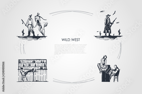 Wild west - Indian Yankee, cowboy, saloon, playing piano vector concept set