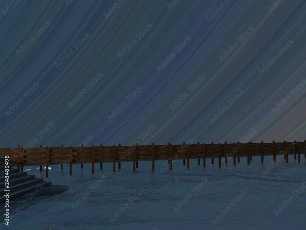 Wood bridge at night, 3D rendering