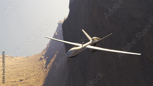 Armed military drone (UAV) flying smoothly over a vast desert shooting missiles.