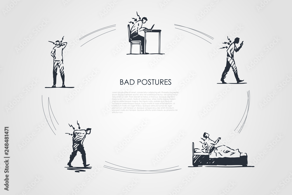 Bad postures - man sitting, standing and lying in bad postures with back pain vector concept set Bad postures - man sitting, standing and lying in bad postures with back pain vector concept set