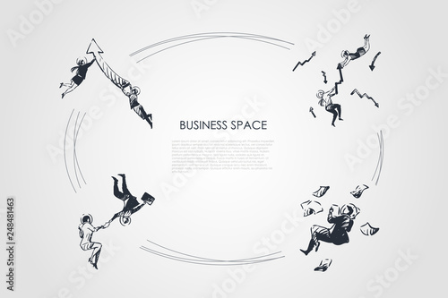 Business space - business people with marketing indexes and documents in space vector concept set