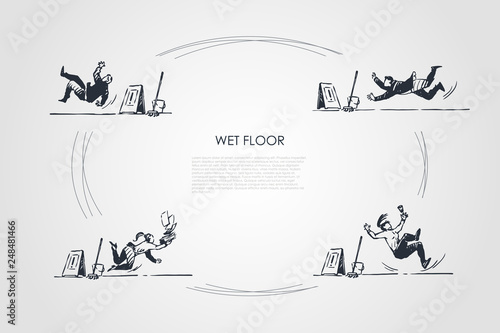 Wet floor - people falling down on wet floor with special sign vector concept set