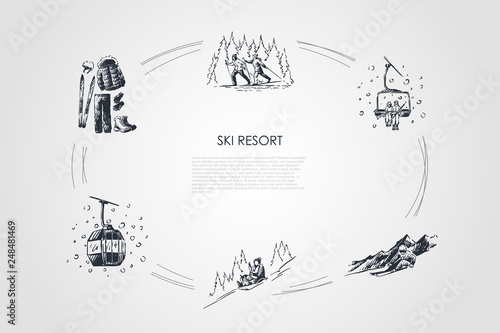 Ski resort - ski equipment and clothes, going by sledges with child, skiing in forest, ski lift and cabin vector concept set