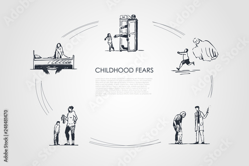 Childhood fears - children afraid of ghosts, doctor, werewolf and belt punishment vector concept set