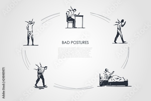 Bad postures - man sitting, standing and lying in bad postures with back pain vector concept set
