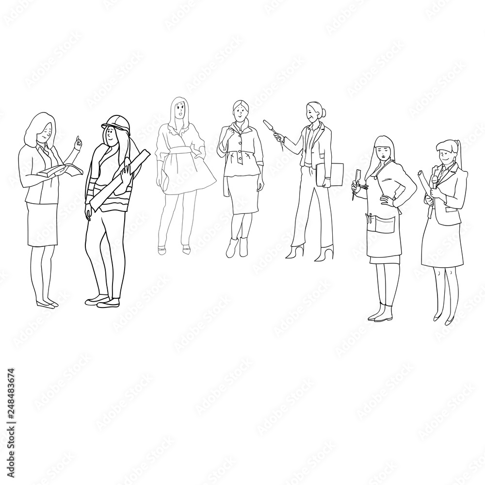 A set of drawings in the vector, illustrations are black and white, linear, female profession, female figure A set of drawings in the vector, illustrations are black and white, linear, female profession, female figure