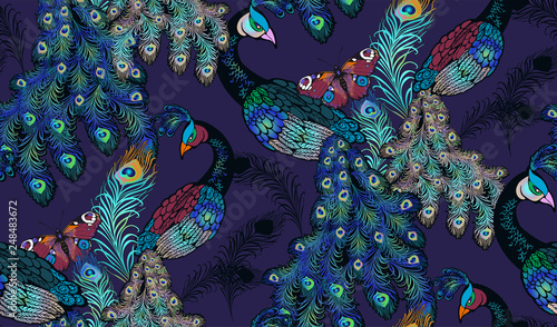 Pattern of peacock, nostalgie of art nuvo. Vector illustration. Suitable for fabric, wrapping paper and the like photo