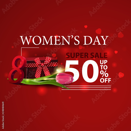 Women's day discount modern red banner with gift and Tulip