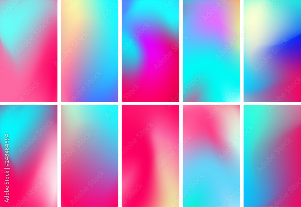 Abstract concept multicolored blurred background set. Liquid, flow, fluid covers gradient set of poster covers with a color vibrant gradient background. Modern screen gradient for the mobile app.