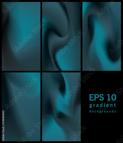 Abstract concept monochrome gradient blurred background set. Liquid, flow, fluid covers gradient set of poster covers with a monochrome gradient background. Modern screen gradient for the mobile app.