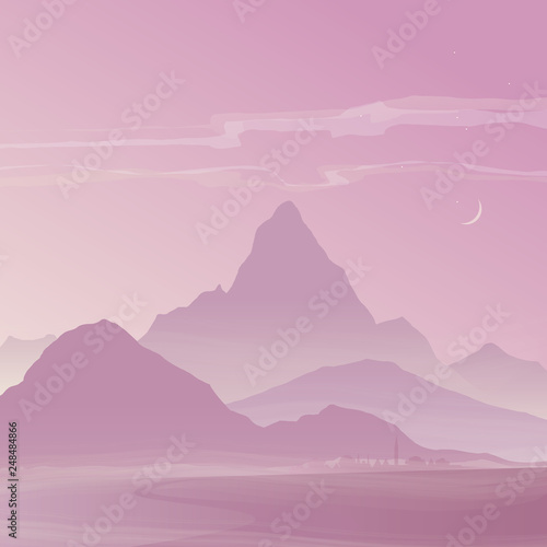 Fototapeta Naklejka Na Ścianę i Meble -  Evening  pink landscape with Mountain Peaks. Vector illustration of mountain ridges. Smoky Mountains. Road to the mountains. The town at the foot of the mountain. Pink soft mountains.