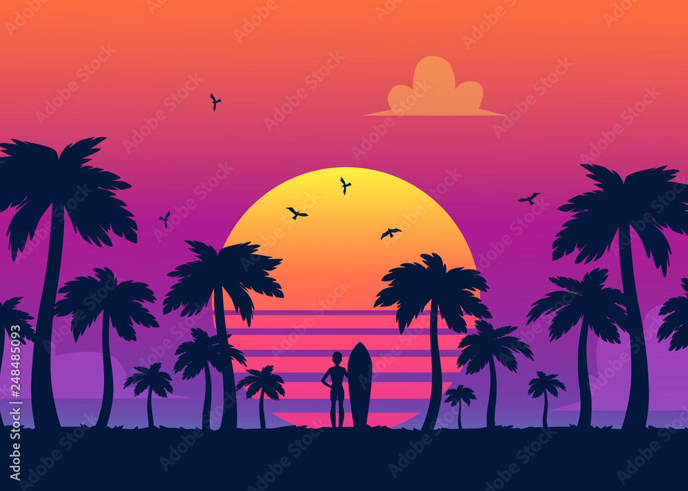 Silhouettes of tropical summer palm trees, surfer and the beach on the ...