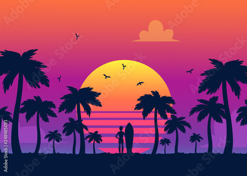 Silhouettes of tropical summer palm trees, surfer and the beach on the background of a gradient sunset.