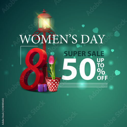 Women's day discount modern green banner with tulip in a bucket under a lantern