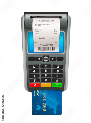 Realistic NFC POS terminal for payment with blue card and sale check on white